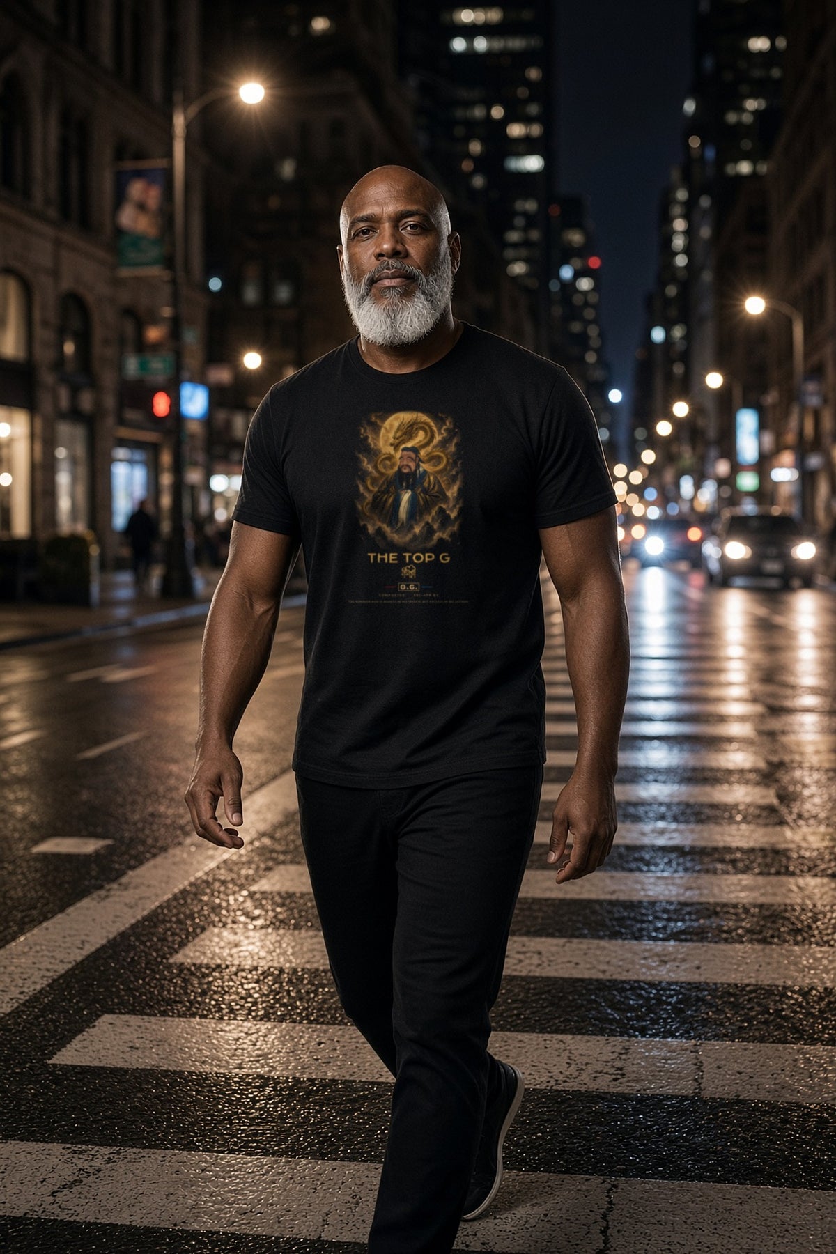 Model wearing the Confucius Dragon & Moon O.G. Tee
