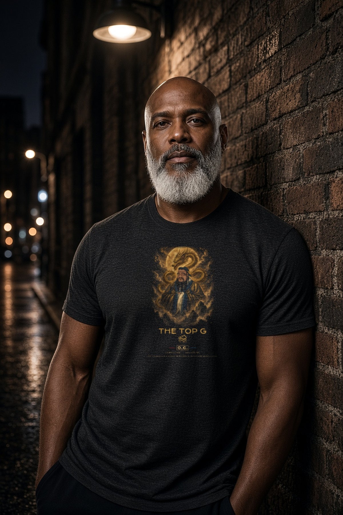 Model wearing the Confucius Dragon & Moon O.G. Tee