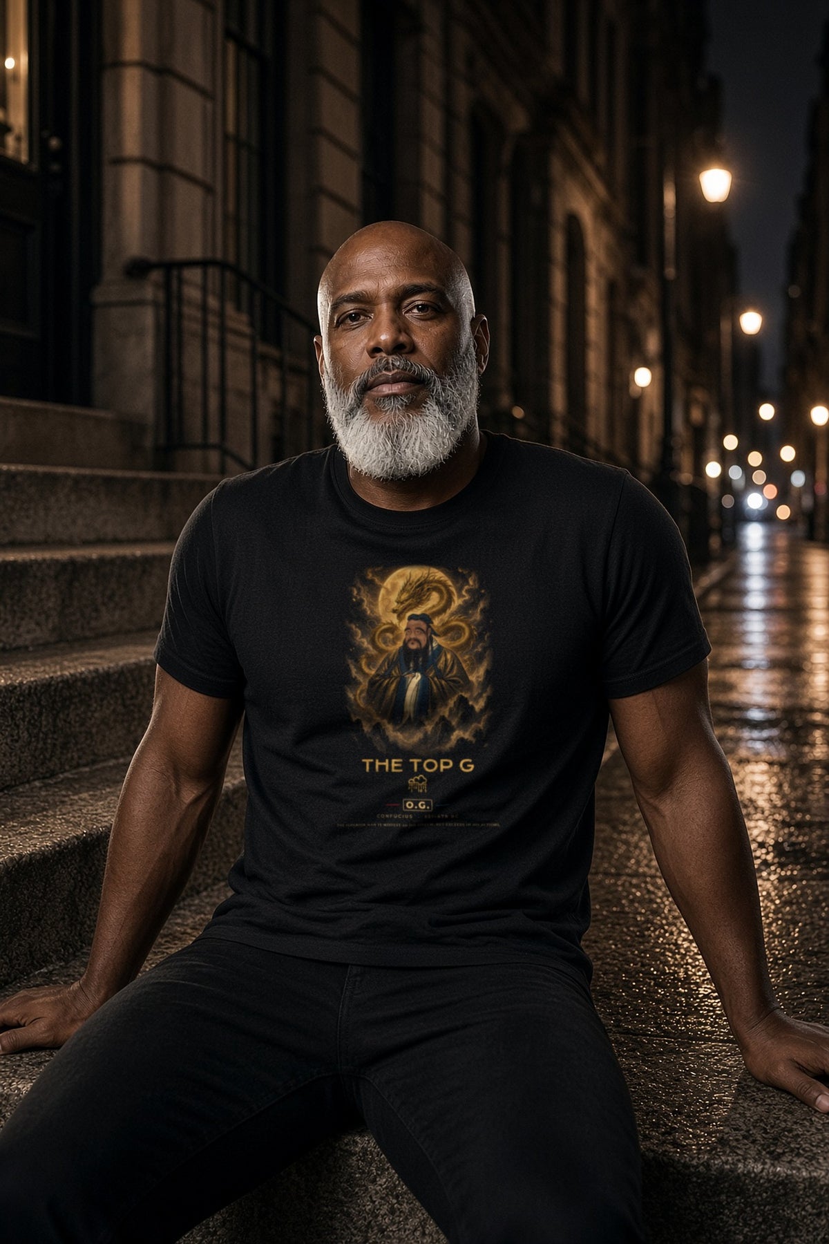 Model wearing the Confucius Dragon & Moon O.G. Tee