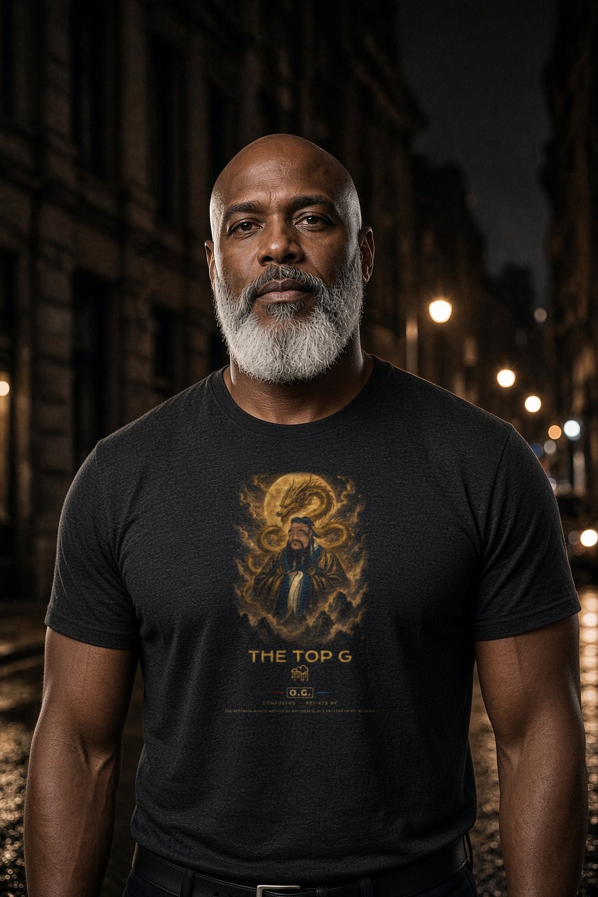 Model wearing the Confucius Dragon & Moon O.G. Tee
