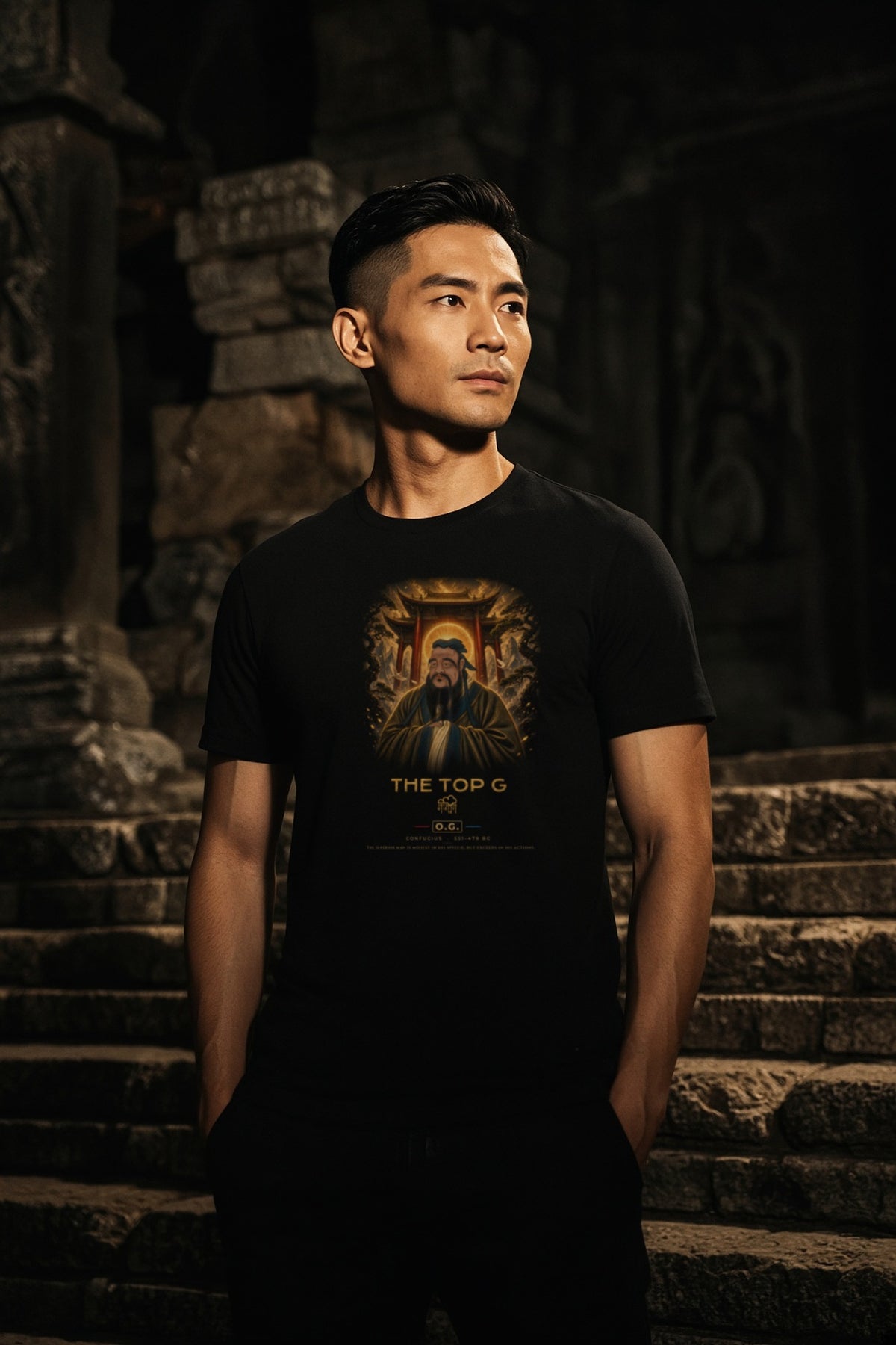 Model wearing the Confucius Temple of the Sun O.G. Tee