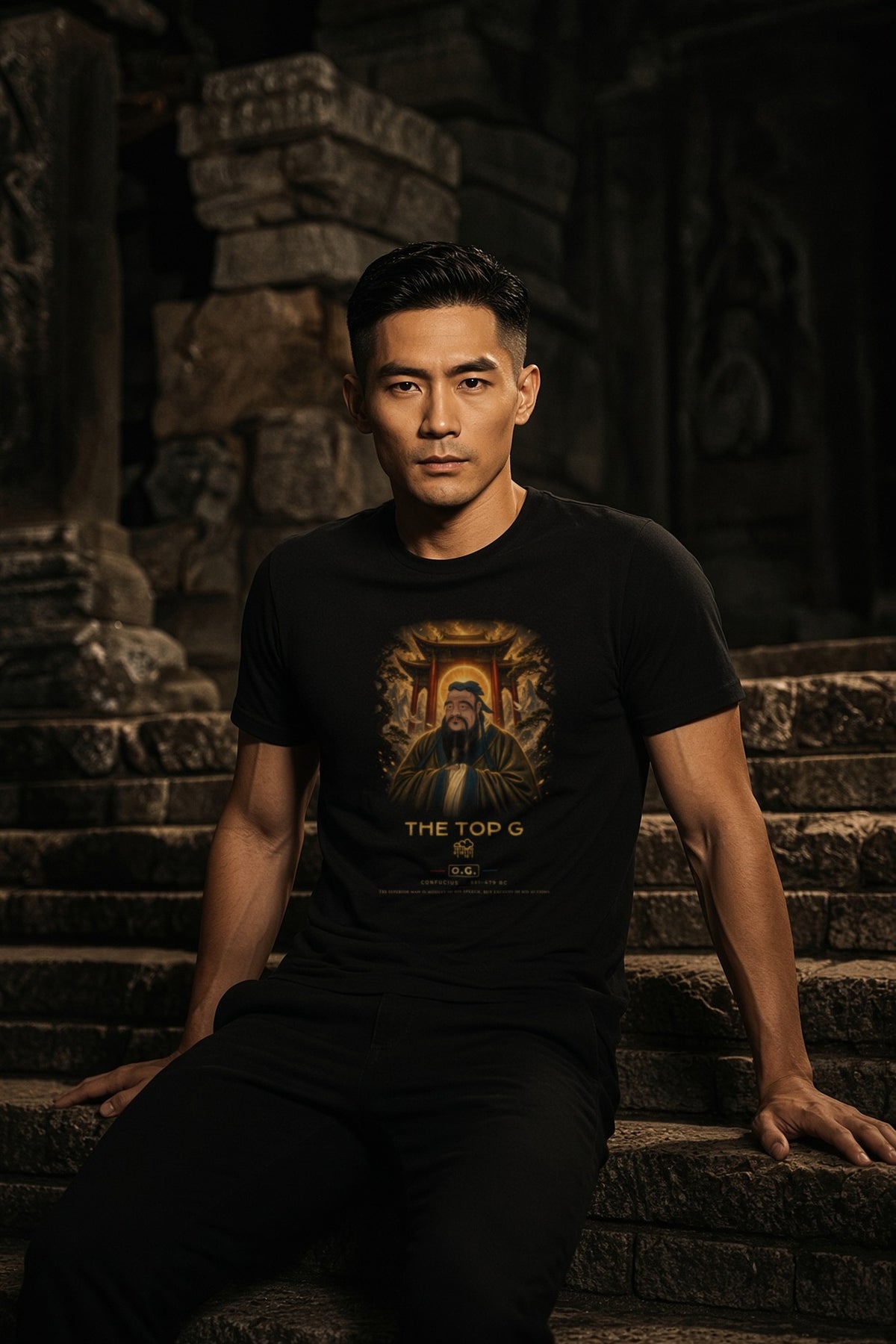 Model wearing the Confucius Temple of the Sun O.G. Tee