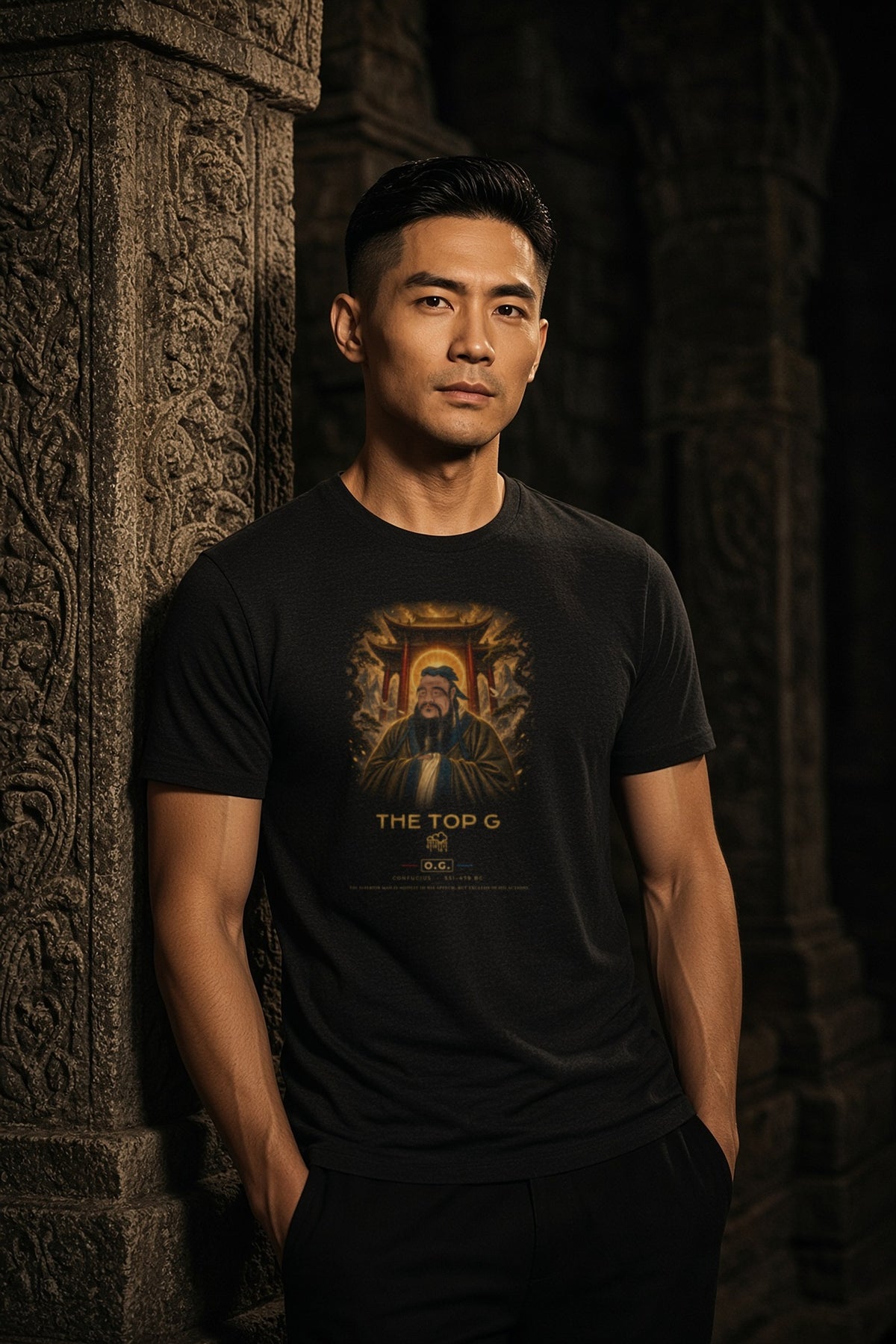 Model wearing the Confucius Temple of the Sun O.G. Tee