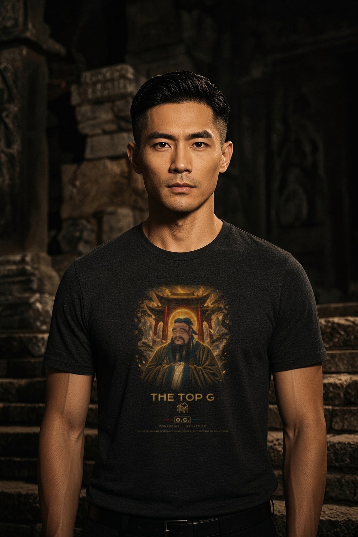 Model wearing the Confucius Temple of the Sun O.G. Tee