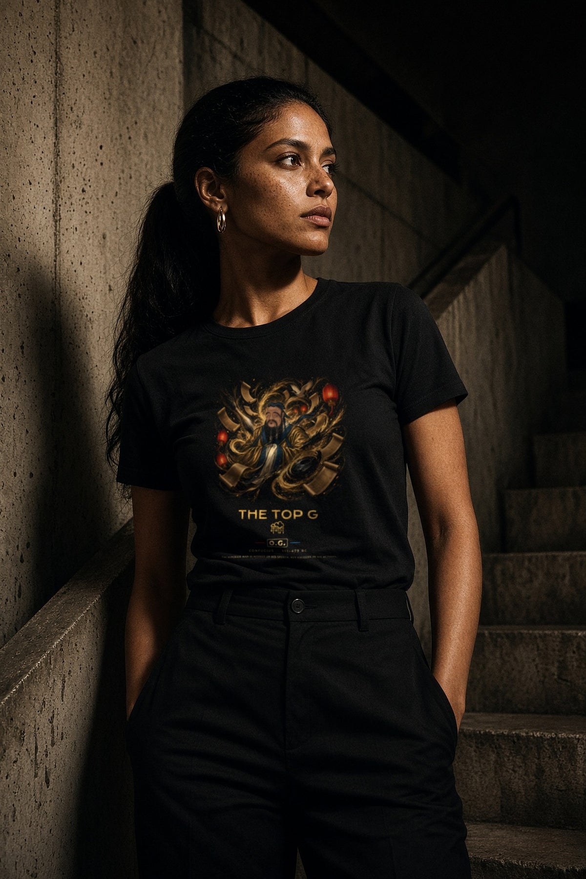 Model wearing the Confucius The Teacher O.G. Tee