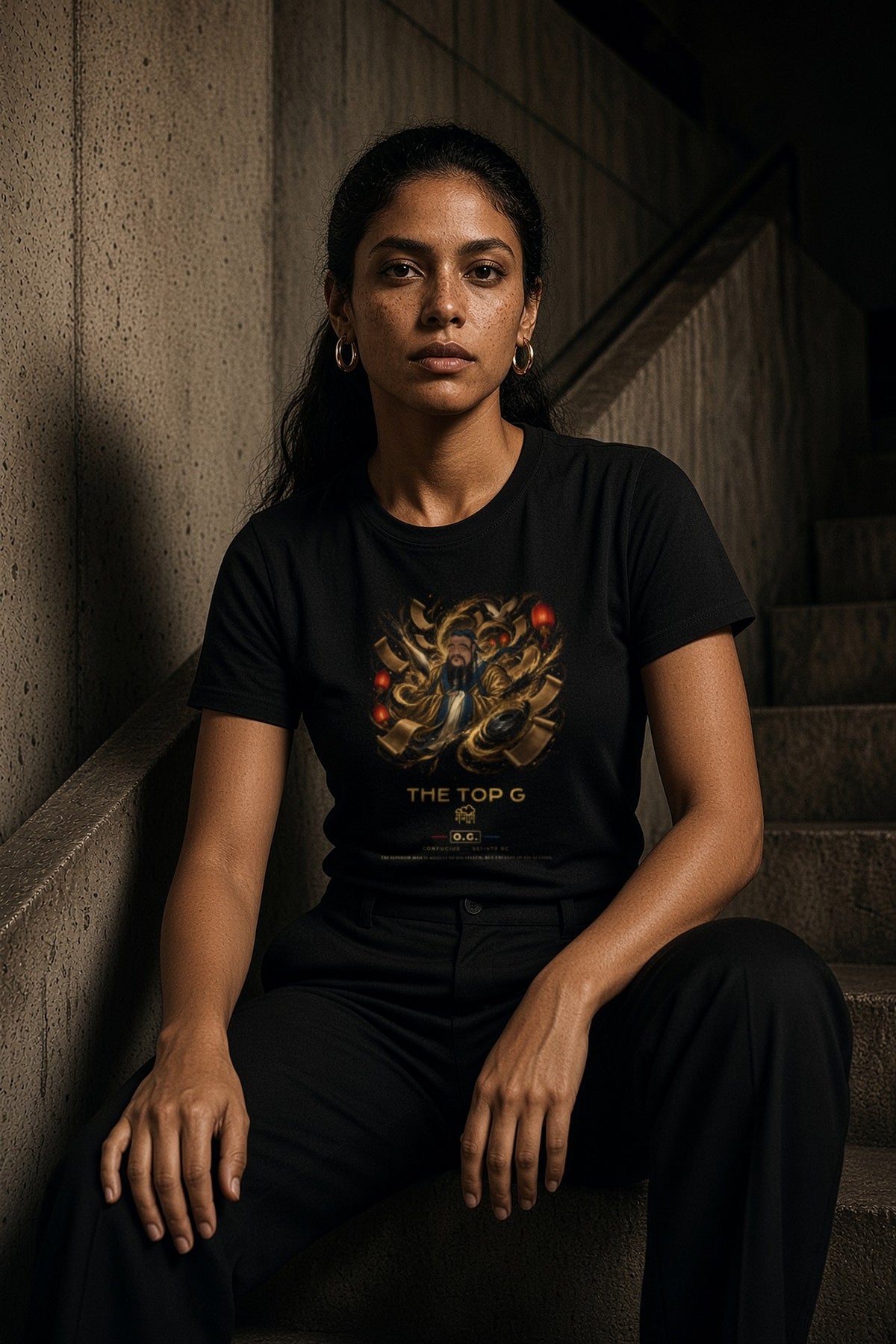 Model wearing the Confucius The Teacher O.G. Tee