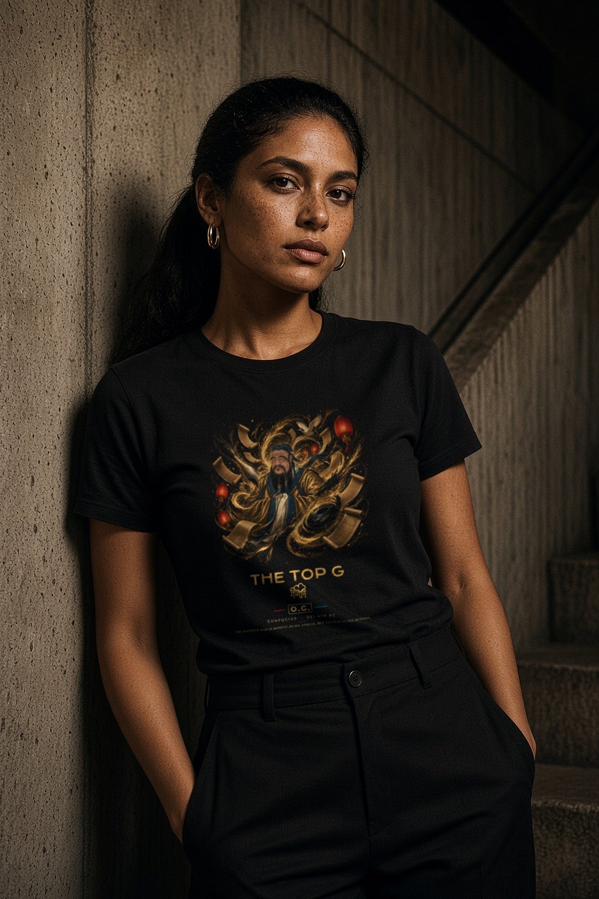 Model wearing the Confucius The Teacher O.G. Tee