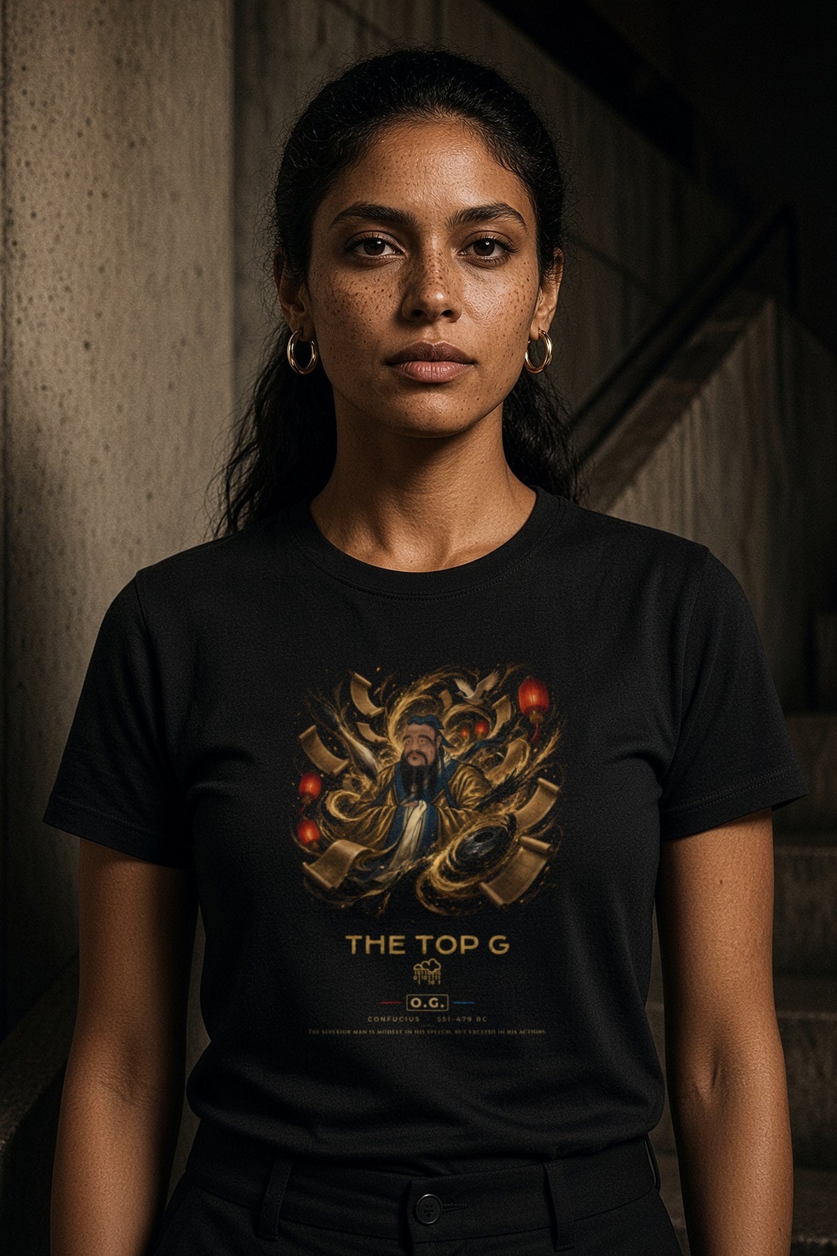 Model wearing the Confucius The Teacher O.G. Tee
